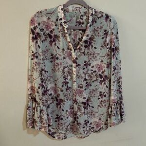 Kut From The Kloth Mint Green with Purple Floral Print Sheer Bell Sleeve Size XS